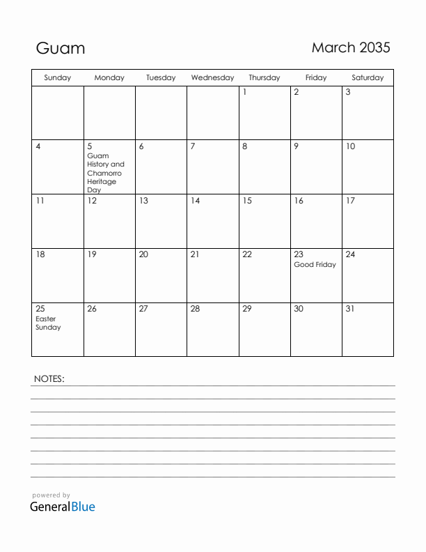 March 2035 Guam Calendar with Holidays (Sunday Start)