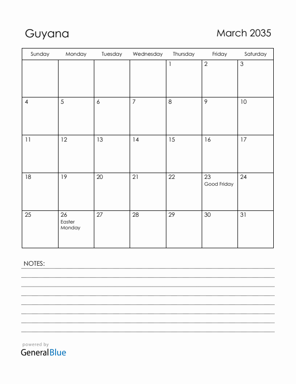 March 2035 Guyana Calendar with Holidays (Sunday Start)