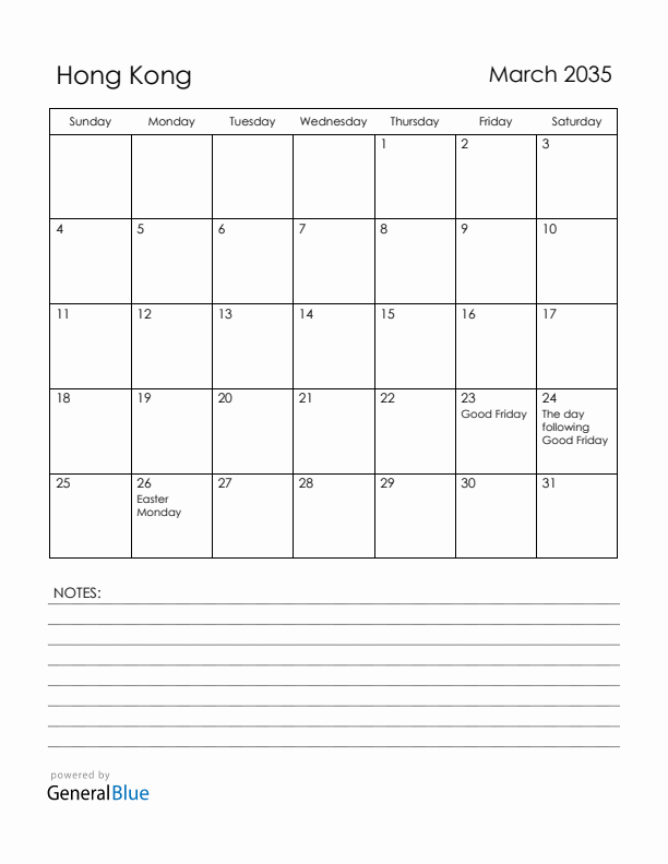 March 2035 Hong Kong Calendar with Holidays (Sunday Start)