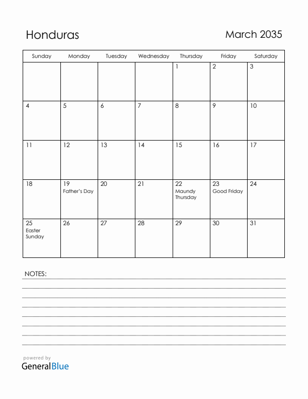 March 2035 Honduras Calendar with Holidays (Sunday Start)