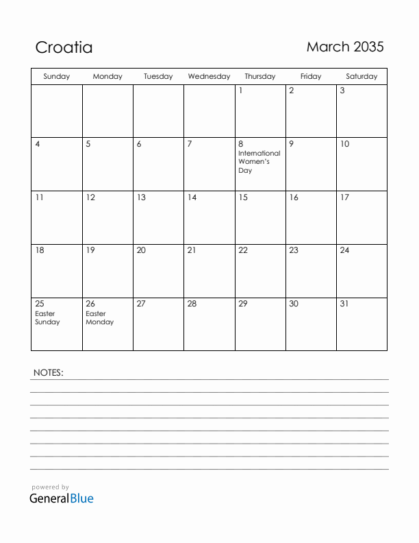 March 2035 Croatia Calendar with Holidays (Sunday Start)