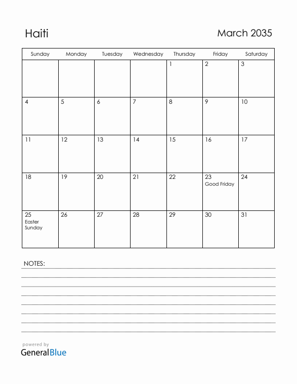 March 2035 Haiti Calendar with Holidays (Sunday Start)