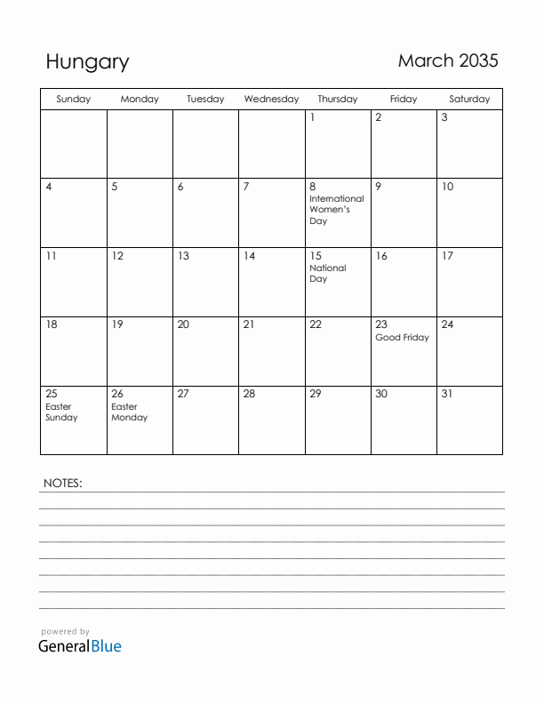 March 2035 Hungary Calendar with Holidays (Sunday Start)