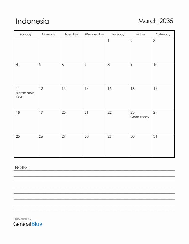 March 2035 Indonesia Calendar with Holidays (Sunday Start)