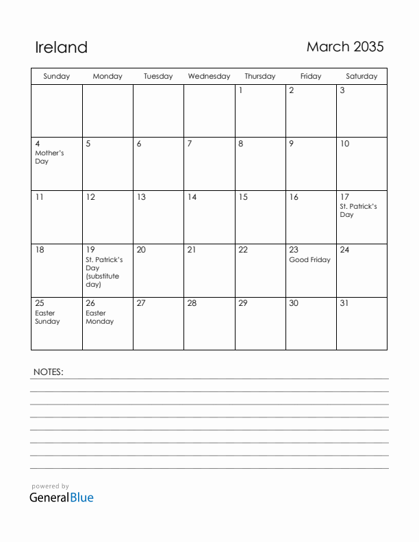 March 2035 Ireland Calendar with Holidays (Sunday Start)