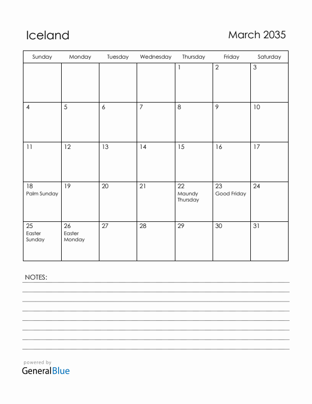 March 2035 Iceland Calendar with Holidays (Sunday Start)