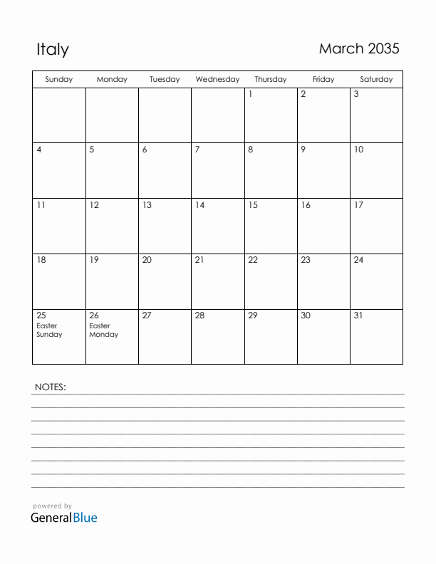 March 2035 Italy Calendar with Holidays (Sunday Start)