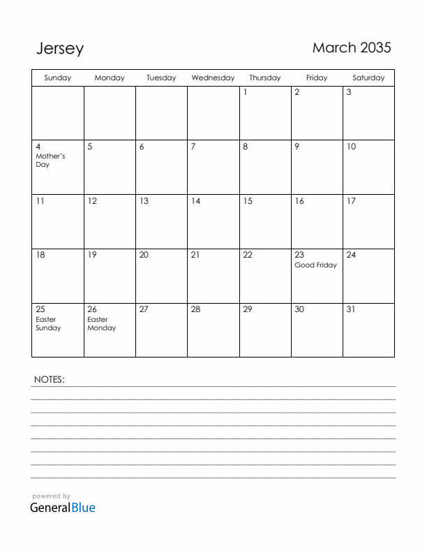 March 2035 Jersey Calendar with Holidays (Sunday Start)