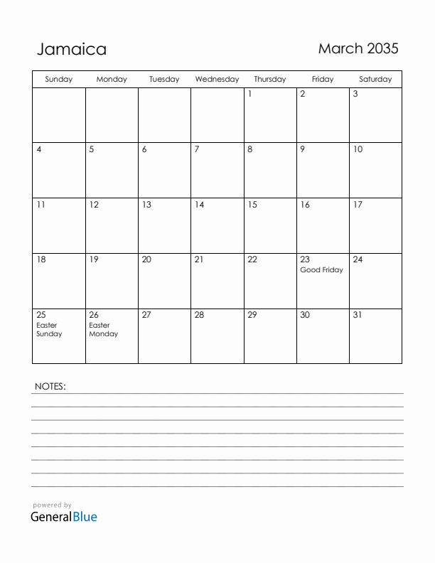 March 2035 Jamaica Calendar with Holidays (Sunday Start)