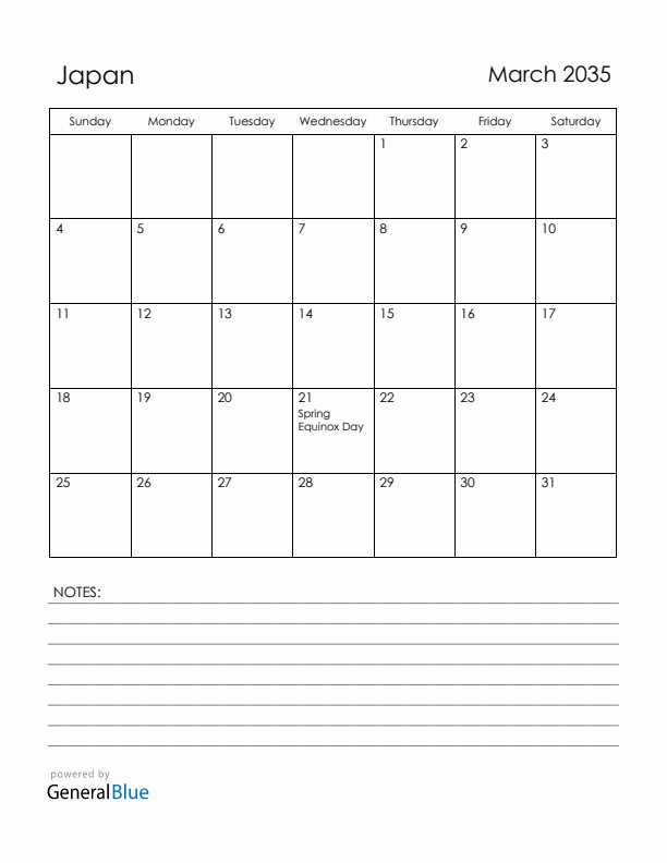 March 2035 Japan Calendar with Holidays (Sunday Start)