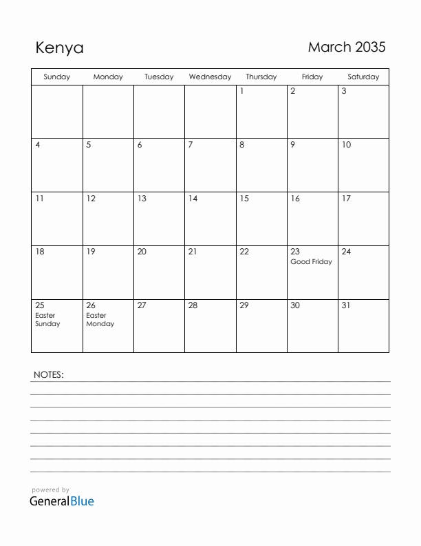 March 2035 Kenya Calendar with Holidays (Sunday Start)
