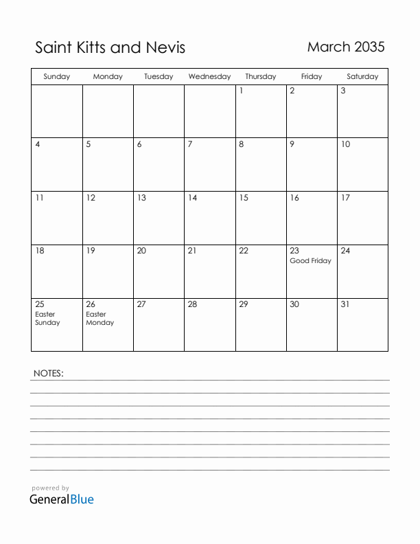 March 2035 Saint Kitts and Nevis Calendar with Holidays (Sunday Start)
