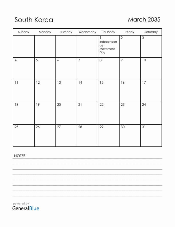 March 2035 South Korea Calendar with Holidays (Sunday Start)