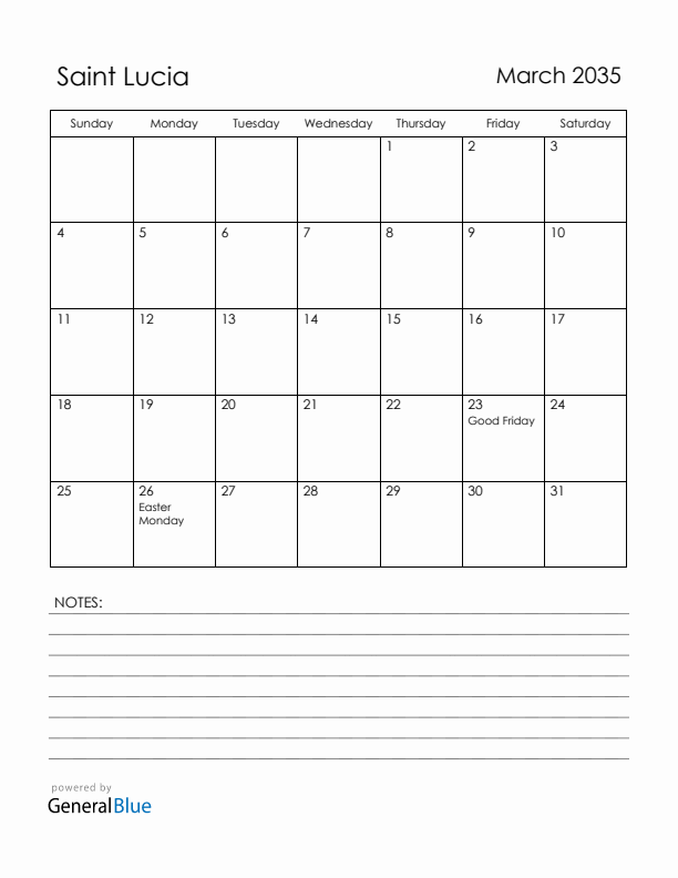 March 2035 Saint Lucia Calendar with Holidays (Sunday Start)