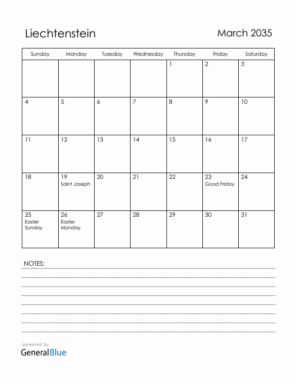 March 2035 Liechtenstein Calendar with Holidays (Sunday Start)