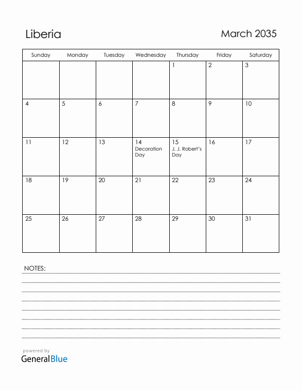 March 2035 Liberia Calendar with Holidays (Sunday Start)