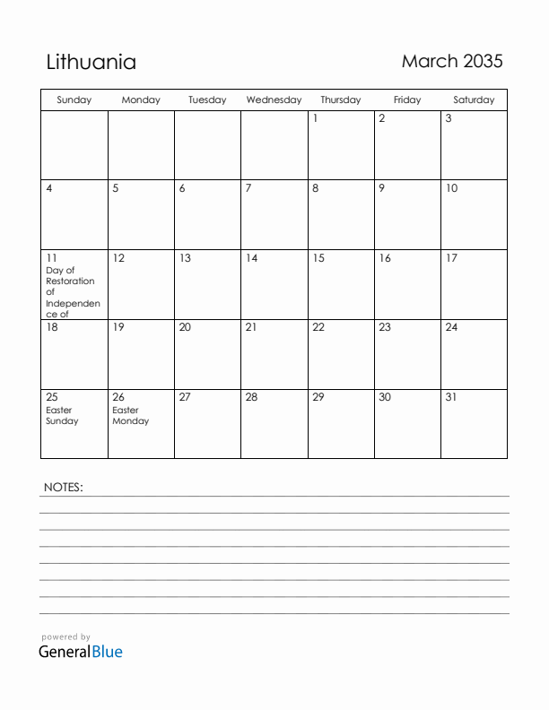 March 2035 Lithuania Calendar with Holidays (Sunday Start)