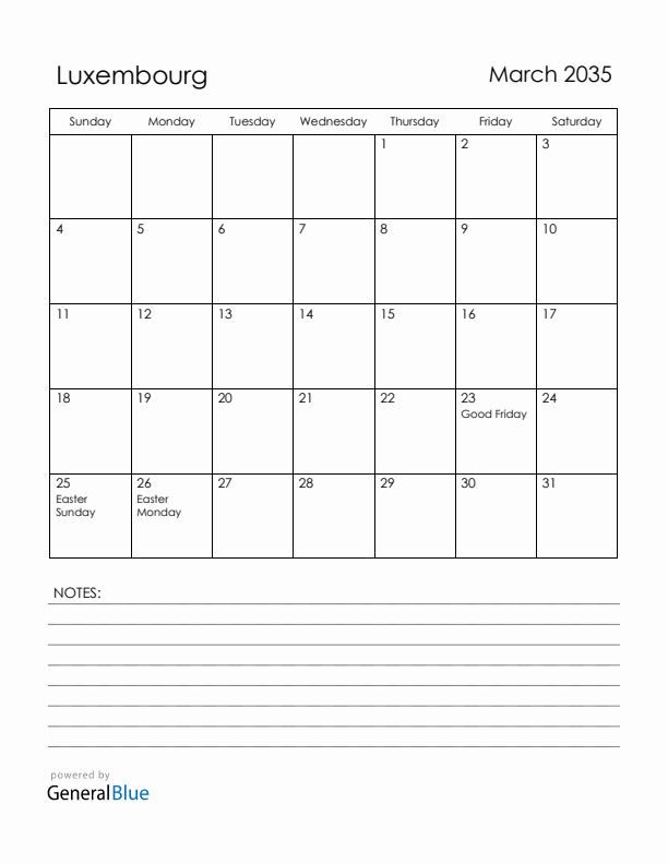 March 2035 Luxembourg Calendar with Holidays (Sunday Start)