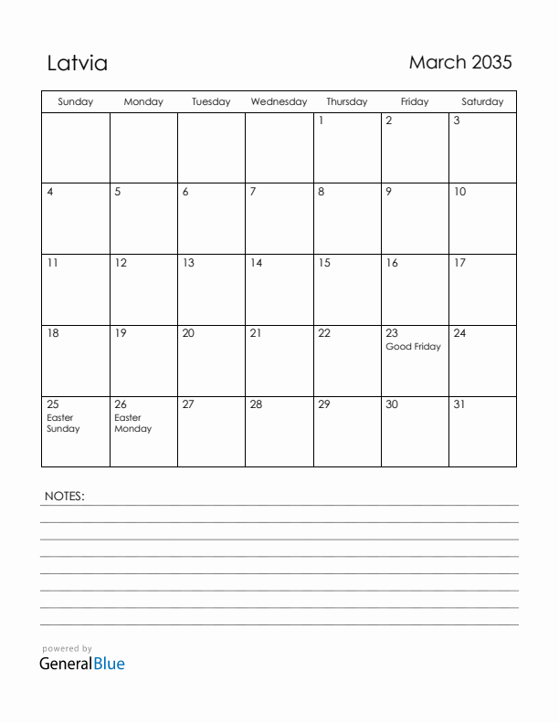 March 2035 Latvia Calendar with Holidays (Sunday Start)