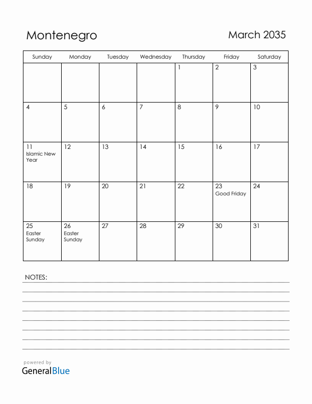 March 2035 Montenegro Calendar with Holidays (Sunday Start)