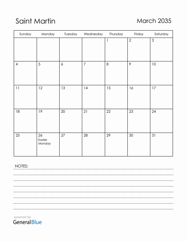 March 2035 Saint Martin Calendar with Holidays (Sunday Start)
