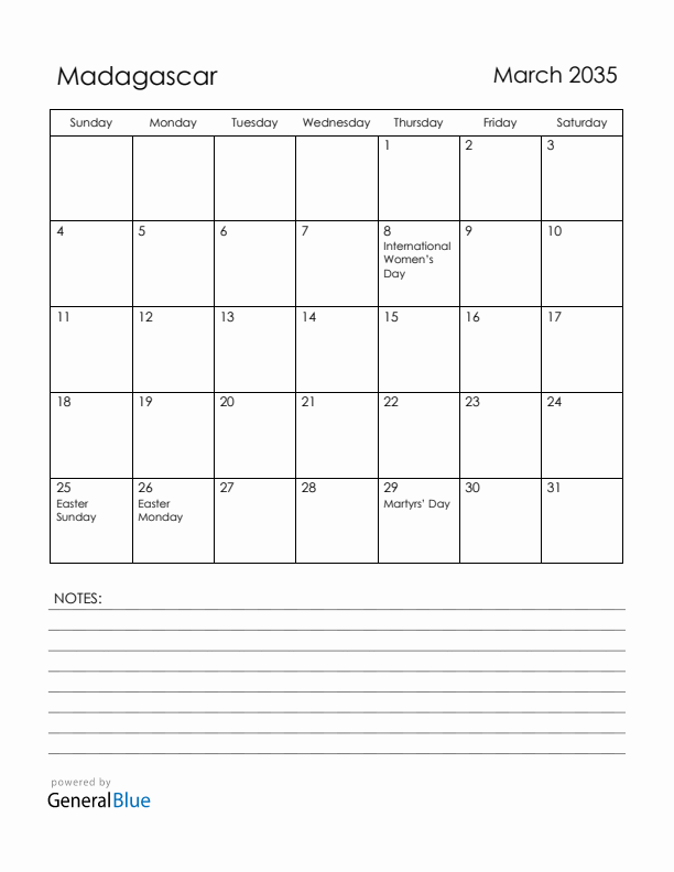 March 2035 Madagascar Calendar with Holidays (Sunday Start)