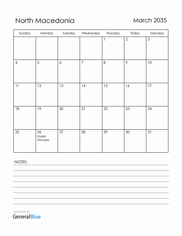 March 2035 North Macedonia Calendar with Holidays (Sunday Start)