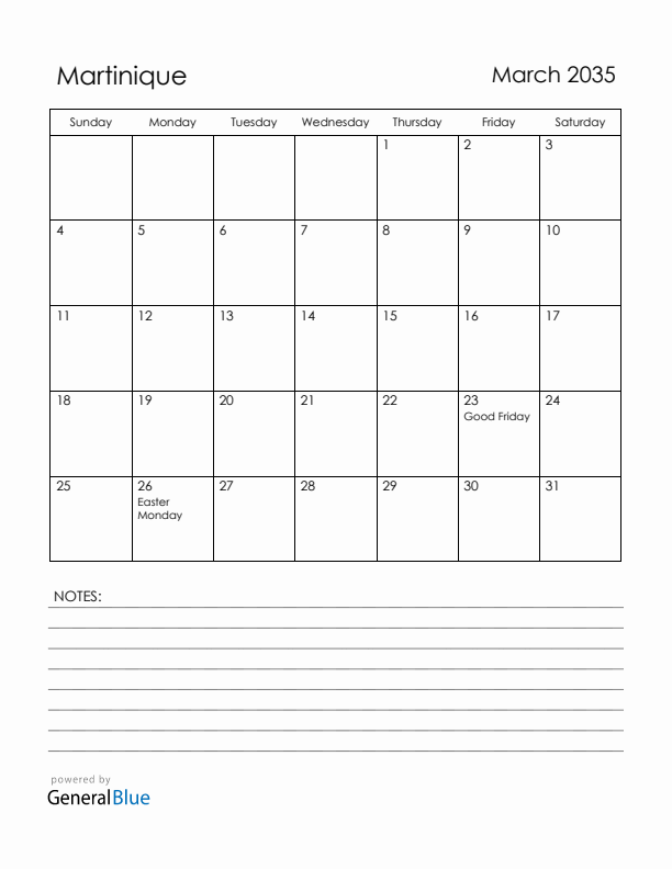 March 2035 Martinique Calendar with Holidays (Sunday Start)