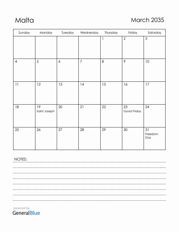 March 2035 Malta Calendar with Holidays (Sunday Start)