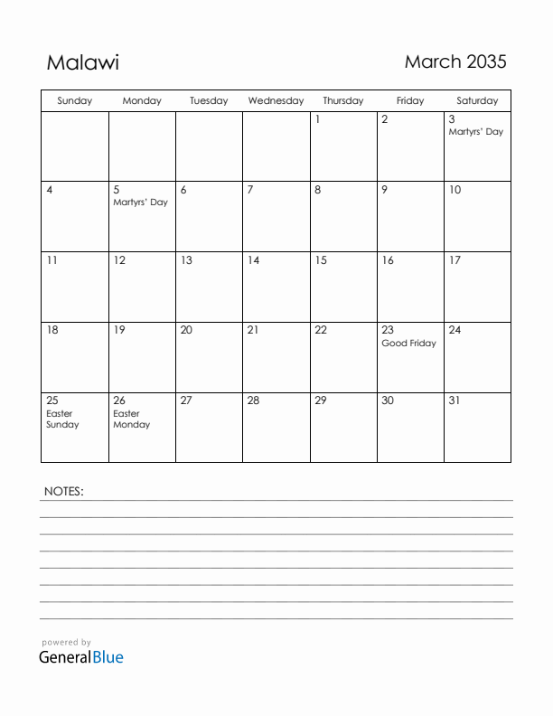 March 2035 Malawi Calendar with Holidays (Sunday Start)