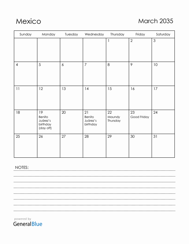 March 2035 Mexico Calendar with Holidays (Sunday Start)