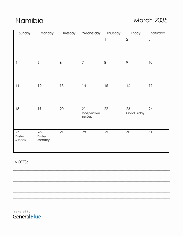 March 2035 Namibia Calendar with Holidays (Sunday Start)