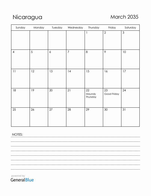 March 2035 Nicaragua Calendar with Holidays (Sunday Start)