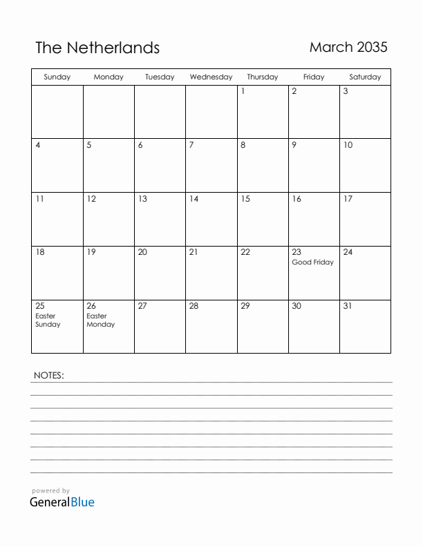 March 2035 The Netherlands Calendar with Holidays (Sunday Start)