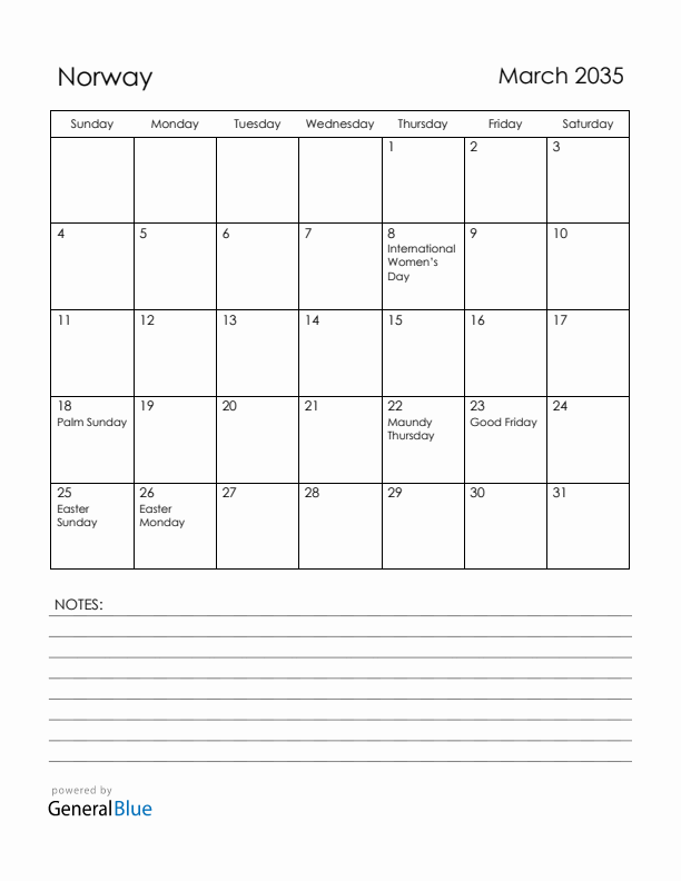 March 2035 Norway Calendar with Holidays (Sunday Start)