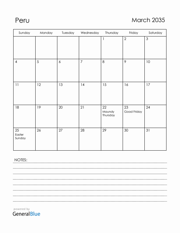 March 2035 Peru Calendar with Holidays (Sunday Start)