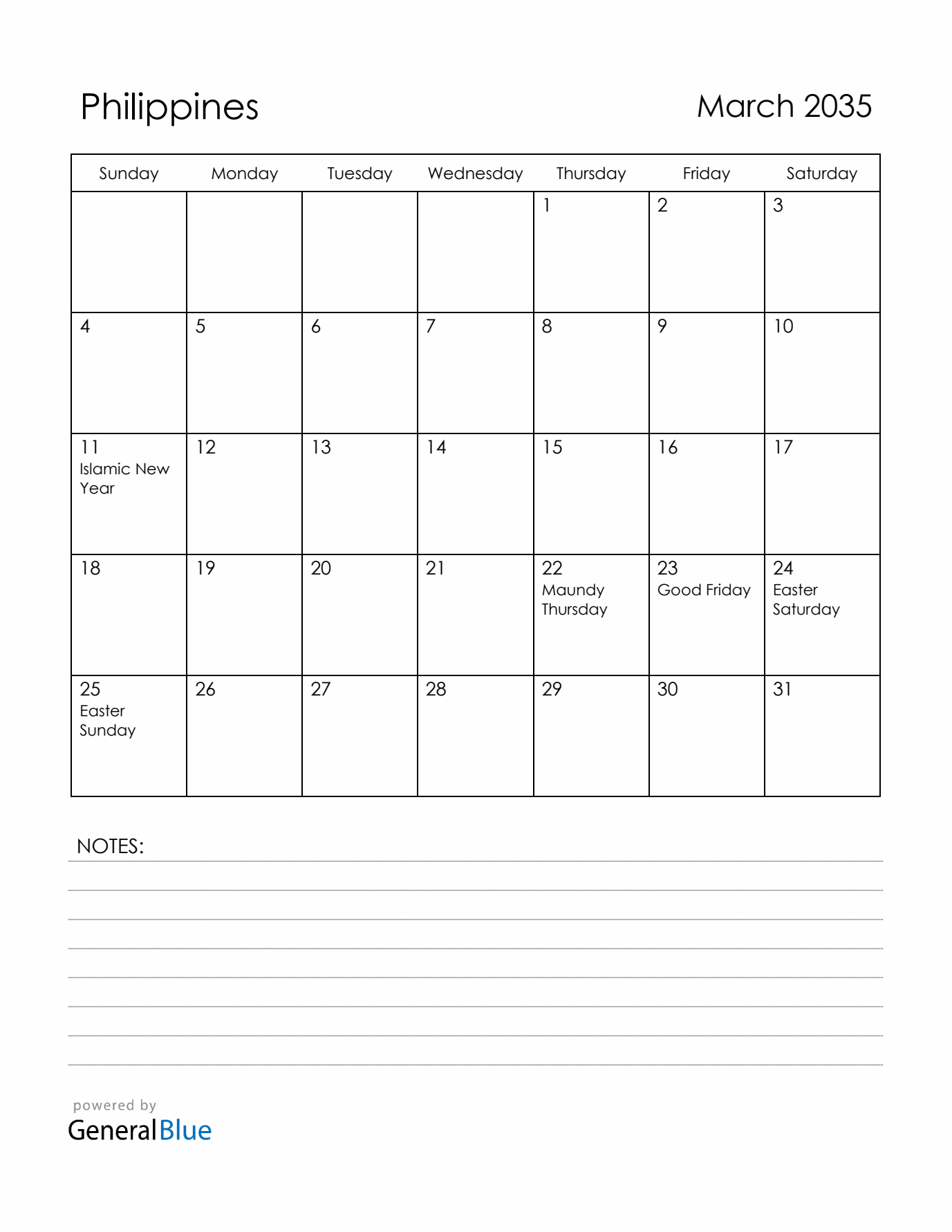 March 2035 Philippines Calendar with Holidays (Sunday Start)