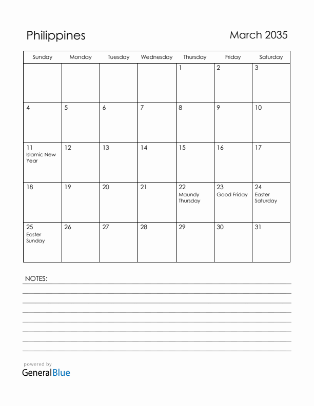 March 2035 Philippines Calendar with Holidays (Sunday Start)