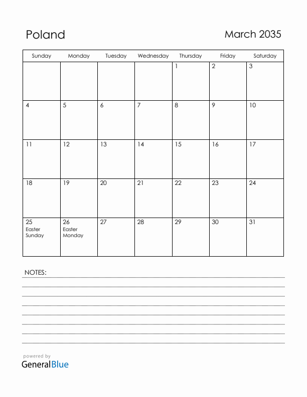 March 2035 Poland Calendar with Holidays (Sunday Start)