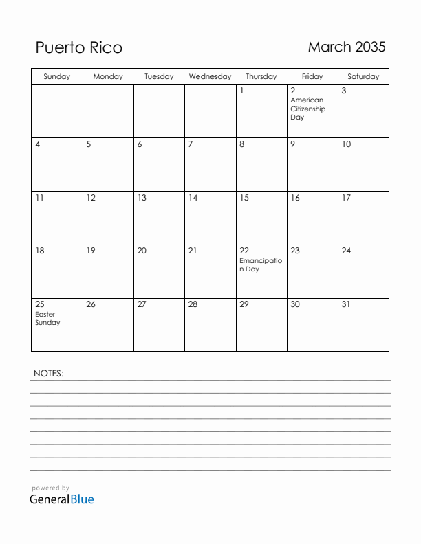 March 2035 Puerto Rico Calendar with Holidays (Sunday Start)