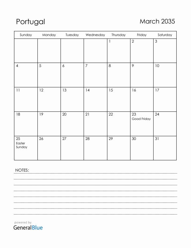 March 2035 Portugal Calendar with Holidays (Sunday Start)