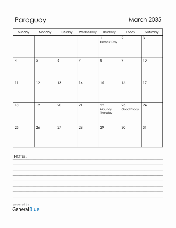 March 2035 Paraguay Calendar with Holidays (Sunday Start)