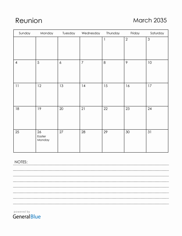March 2035 Reunion Calendar with Holidays (Sunday Start)