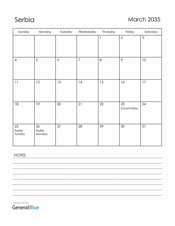 March 2035 Serbia Calendar with Holidays (Sunday Start)