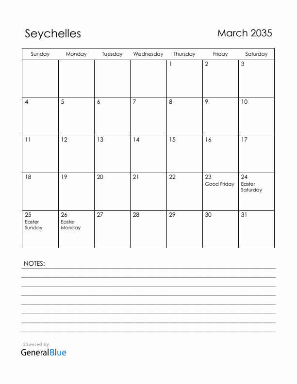 March 2035 Seychelles Calendar with Holidays (Sunday Start)