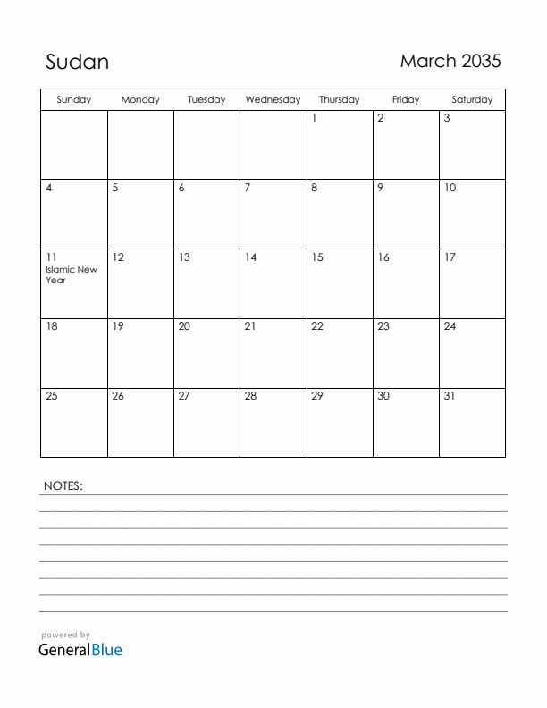 March 2035 Sudan Calendar with Holidays (Sunday Start)