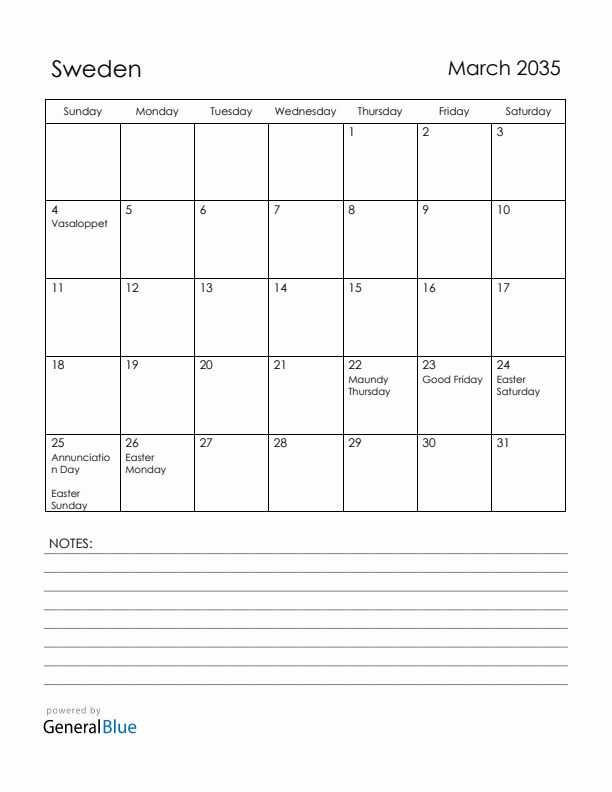 March 2035 Sweden Calendar with Holidays (Sunday Start)