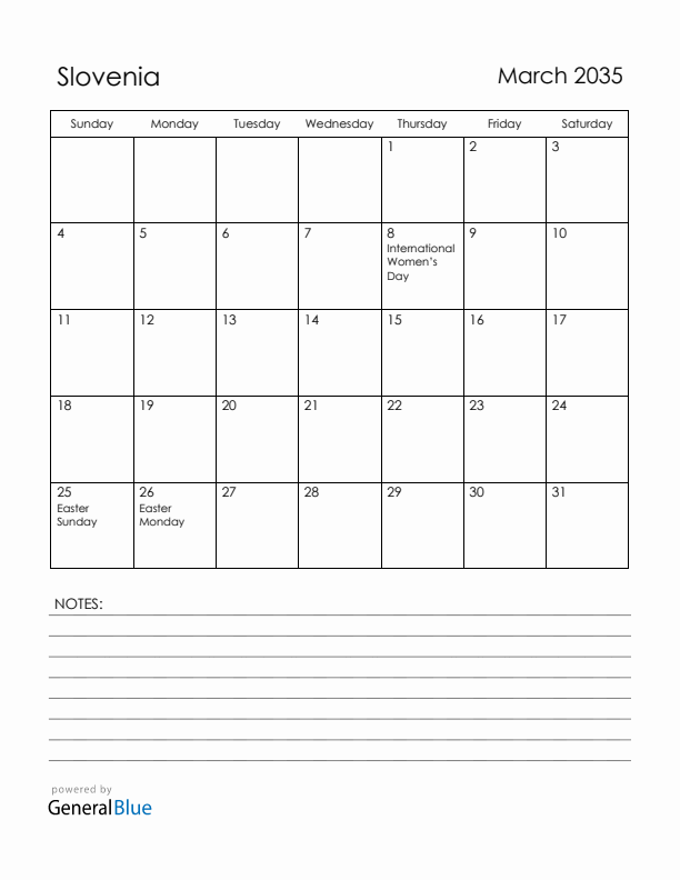 March 2035 Slovenia Calendar with Holidays (Sunday Start)
