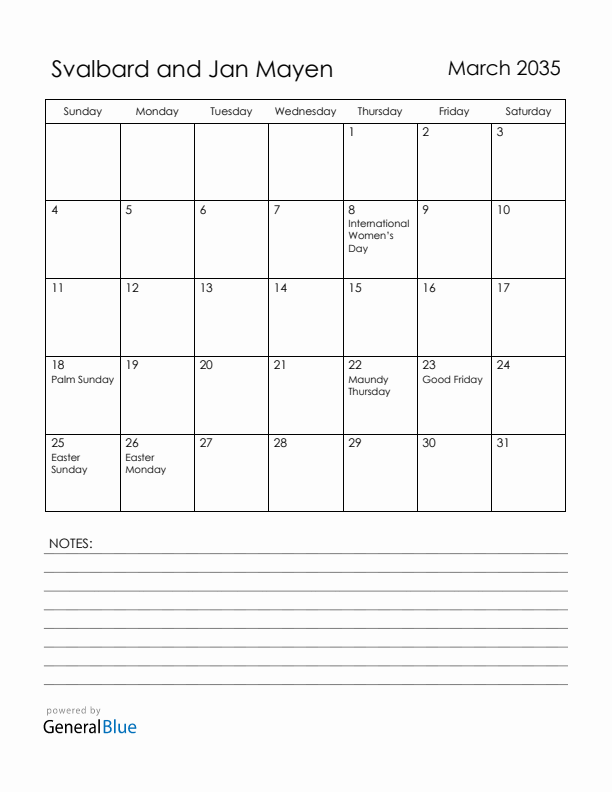 March 2035 Svalbard and Jan Mayen Calendar with Holidays (Sunday Start)