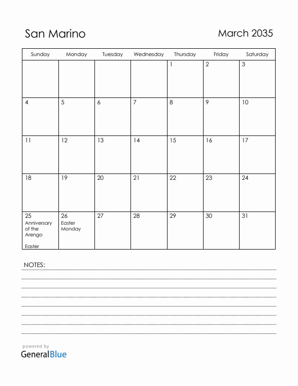 March 2035 San Marino Calendar with Holidays (Sunday Start)